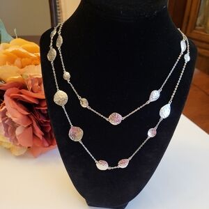 Melinda Maria Long Necklace Tag Brand Round Hammered Pod Silvertone Chain 40"